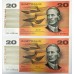 AUSTRALIA 1991 . TWENTY 20 DOLLAR BANKNOTES . FRASER/COLE . CONSECUTIVE TEN